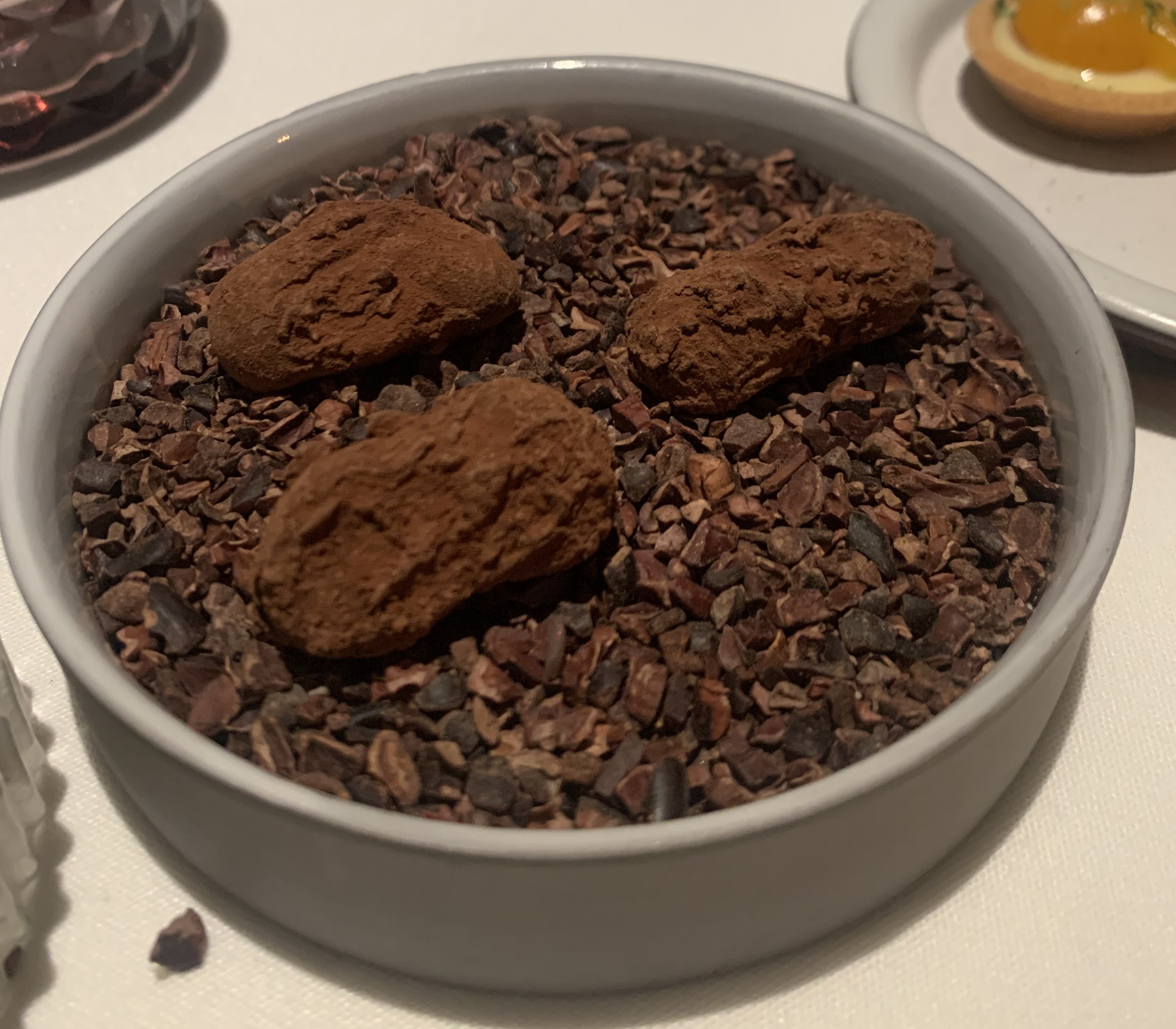 Three irregularly-shaped chocolates covered in a brown-red cocoa powder, served on a bed of roughly-chopped cocoa nibs/pods. It has a very rustic, forest-floor look.