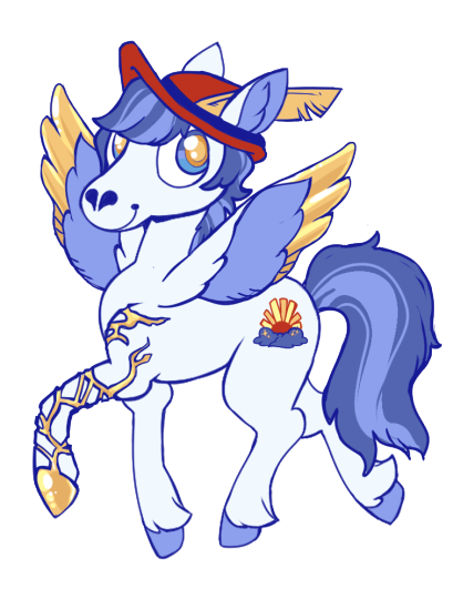 A smiling unicorn with a white body and light-blue wings, mane, and tail. His wingtips are highlighted in gold. He is wearing a red hat with a feather sticking out of it, which is gold like his wingtips. He has an elaborate gold shoe on one front hoof, which has gold bindings going up his leg and resembling vines. His cutie mark is a rising sun above blue clouds.