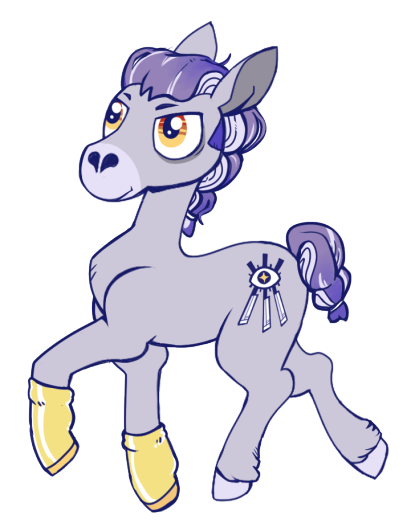 A determined-looking grey pony with light purple mane & tale streaked with white. He has golden eyes, and golden socks on his front hooves. His cutie mark is an eye with a golden pupil on top of three crossed chef's knives.