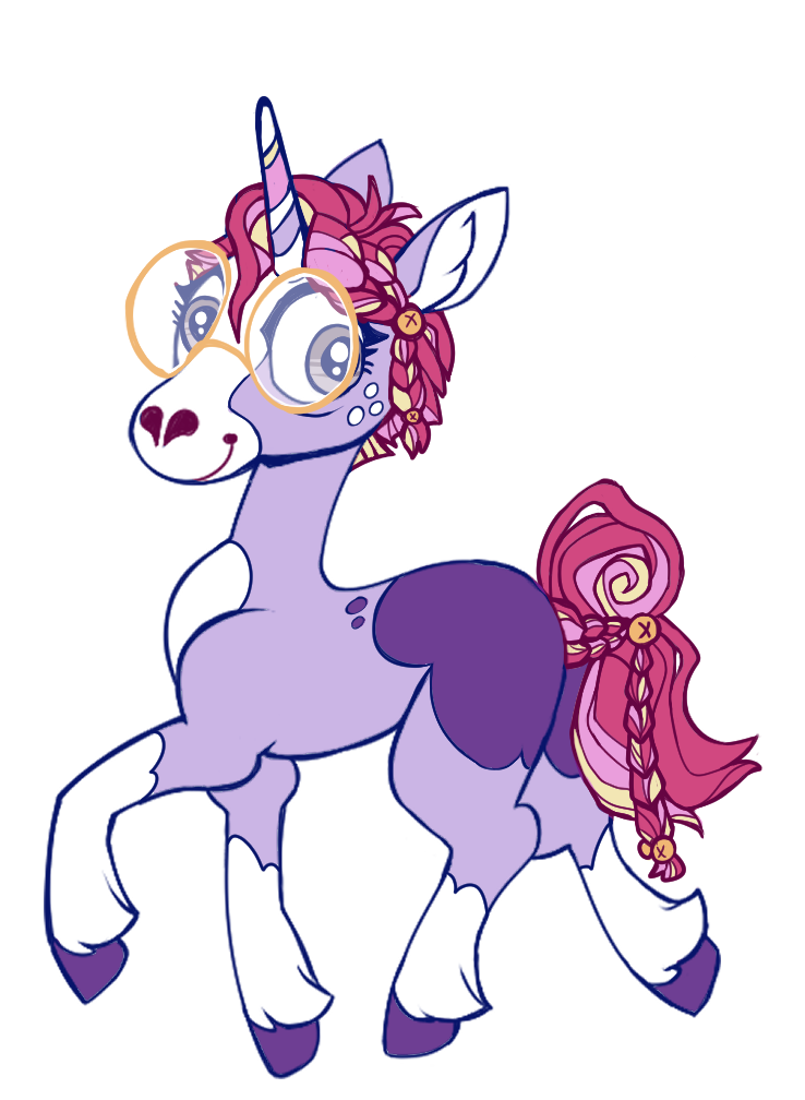 A smiling pony with a light & dark purple body. She has a pink mane & tail, and a unicorn horn with a light purple stripe winding up to the tip. She is wearing big, round glasses with golden rims. She has no cutie mark.