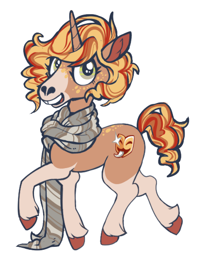 A mischievous-looking brown unicorn with a brown horn. She has a yellow mane & tail with red highlights, and green eyes. She is wearing a very long scarf, wrapped around her neck three times and still trailing on the floor, which is greenish-brown and compliments her eyes. She has a smiling theater mask sticking its tongue out as a cutie mark.