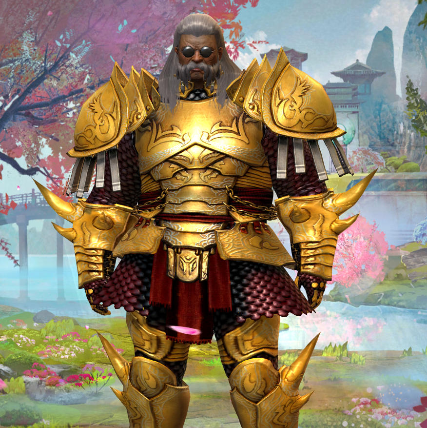 A large warrior in bulky gold-and-red armour. His hair is grey, and he looks pissed off.