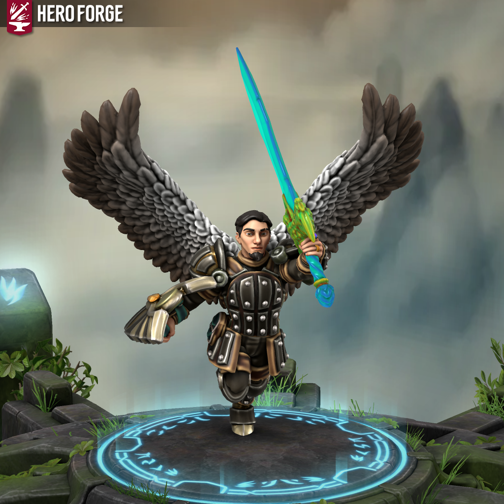 A human man with dark hair and a goatee. He has heavy armour, a shield, and an angelic-looking glowing sword with angel wing crossguards. The man has large feathered wings on his back.