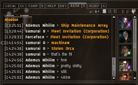 EVE chat. Samurai 9 links the Stolen Orca's fit, and Ademus complains that the fit is pretty shitty, but it was still worth 490,000,000 isk.