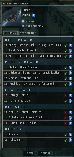 A detailed listing of the Orca's fittings. High slot modules are a mining foreman link for mining laser fields & optimizations, and a small tractor beam. Medium slots are defensive things for resists and shield boosters. Low slots are a damage control unit & inertial stabilizers. The ship is rigged with more resists. It carries a few drones.