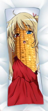 A dakimakura depicting an ear of corn. She has an anime face with one red eye and one blue eye. She has long, golden hair that resembles corn silk. She is wearing a red dress. Her kernels glisten.