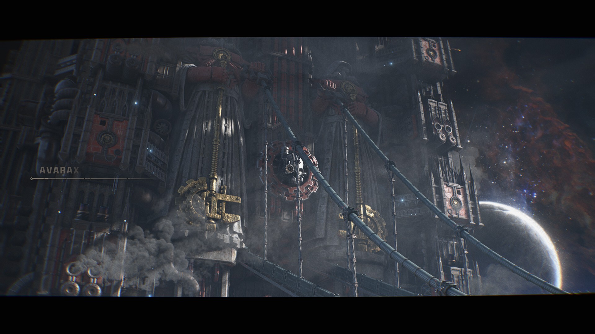 A massive structure with the mechanicus cog-and-skull symbol. Two titanic statues flank the door. The statues are magos with red robes and gloves. Each statue holds a thing cable that supports tracks for a cargo elevator. The scale of the structure is humongous. 