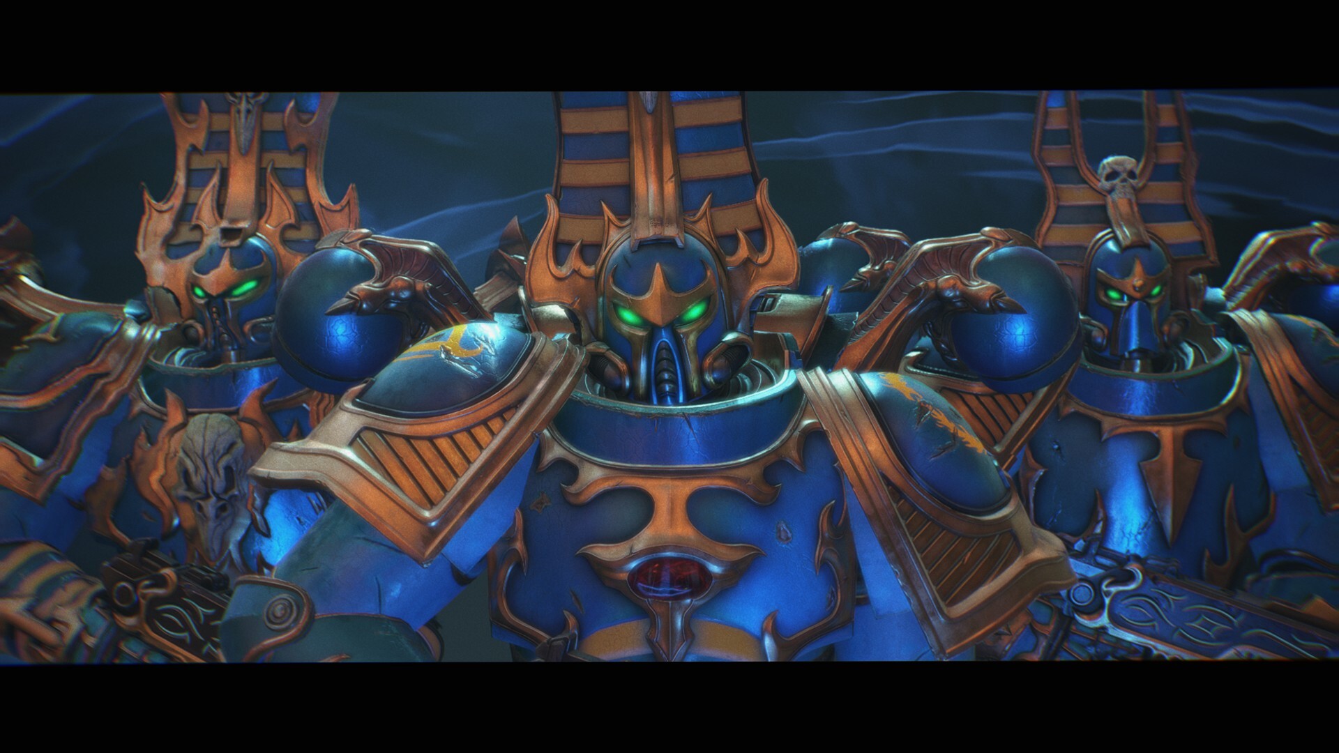 Several marines in blue-and-gold armour with horns emerge from a portal. They are Thousand Sons.