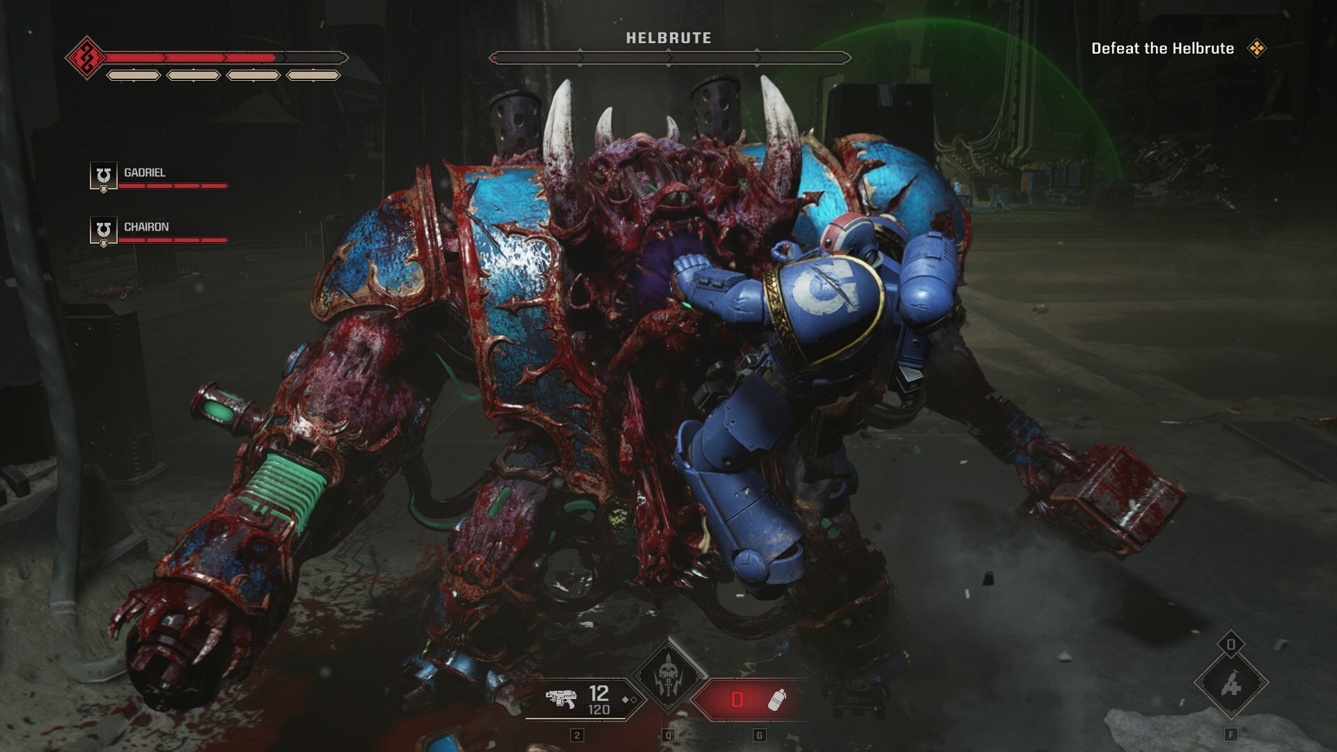 A large robot, with its left side having lots of fleshy growths on its armour, being defeated by a space marine. The space marine has torn open its chassis and is ripping the pilot out of their amniotic cask. Everything is covered in gore.