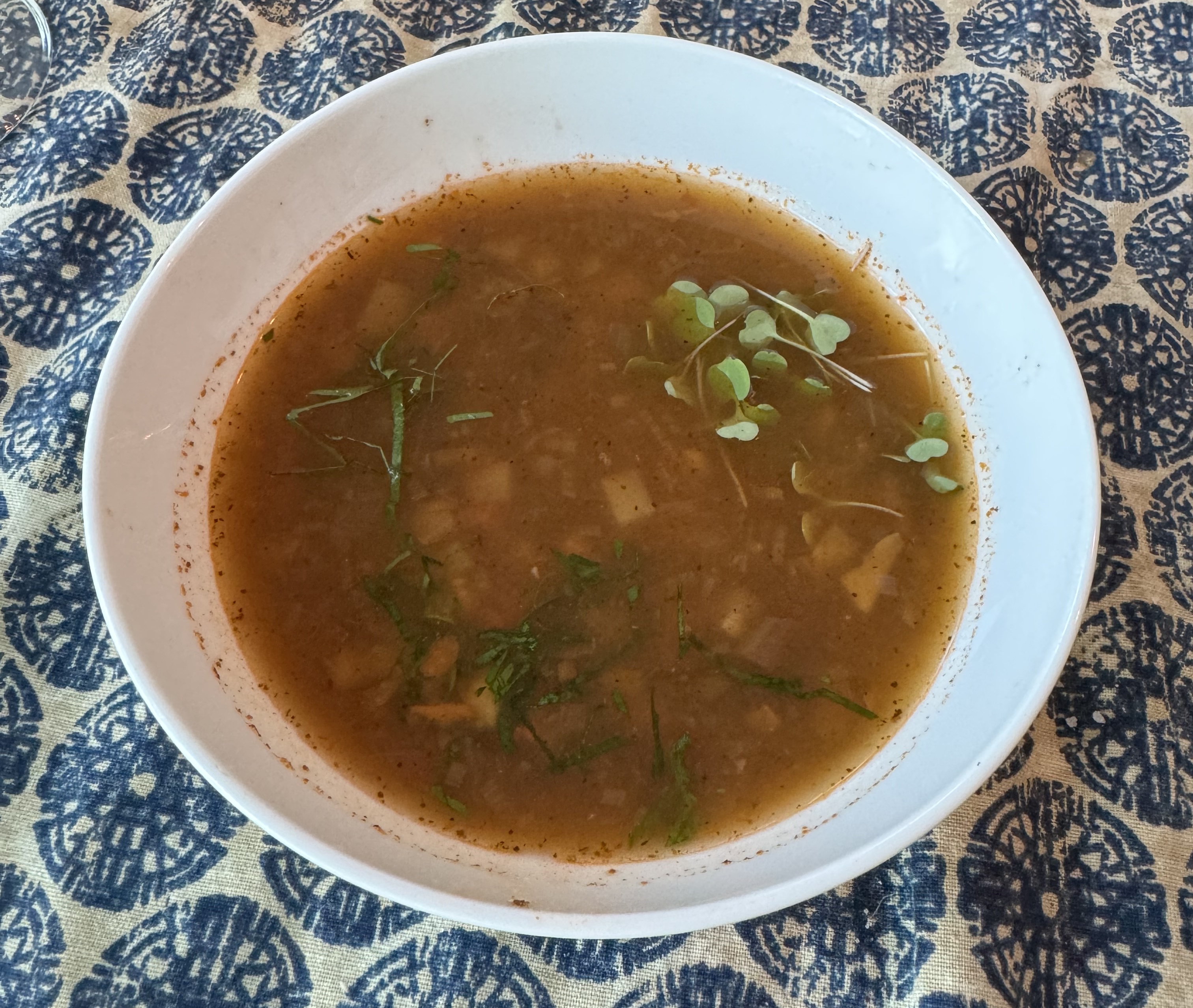 Bowl of deep reddish-brown soup, with lots of vegetables barely visible below the surface.