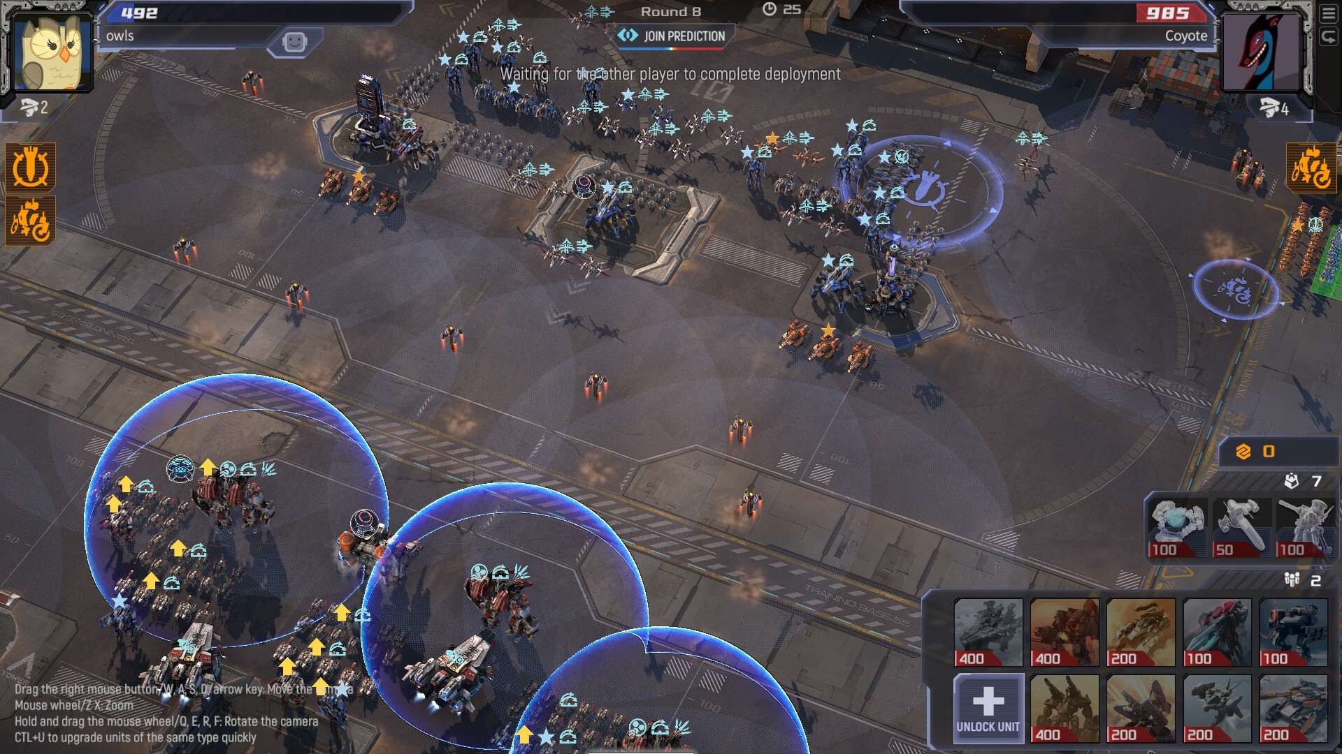 Two lines of mechs facing off. There are some sort of turret between the two forces, and shield bubbles protecting one army's ground forces, while capital ships over behind the line.