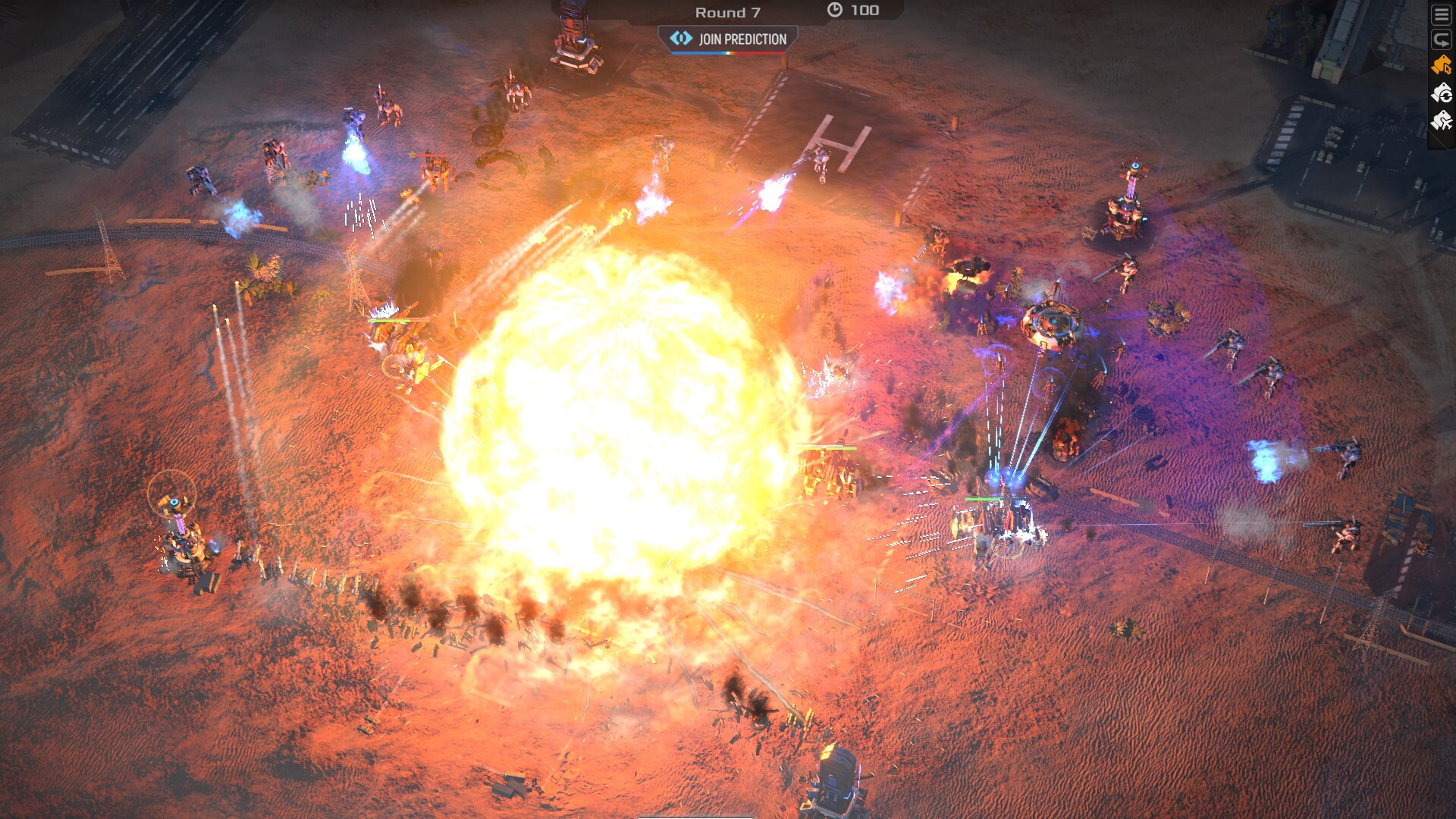 Dessert area, with armies of opposing mechs firing energy weapons at each other. There is a huge explosion behind one army's lines; a round fireball, obliterating a large number of robots.