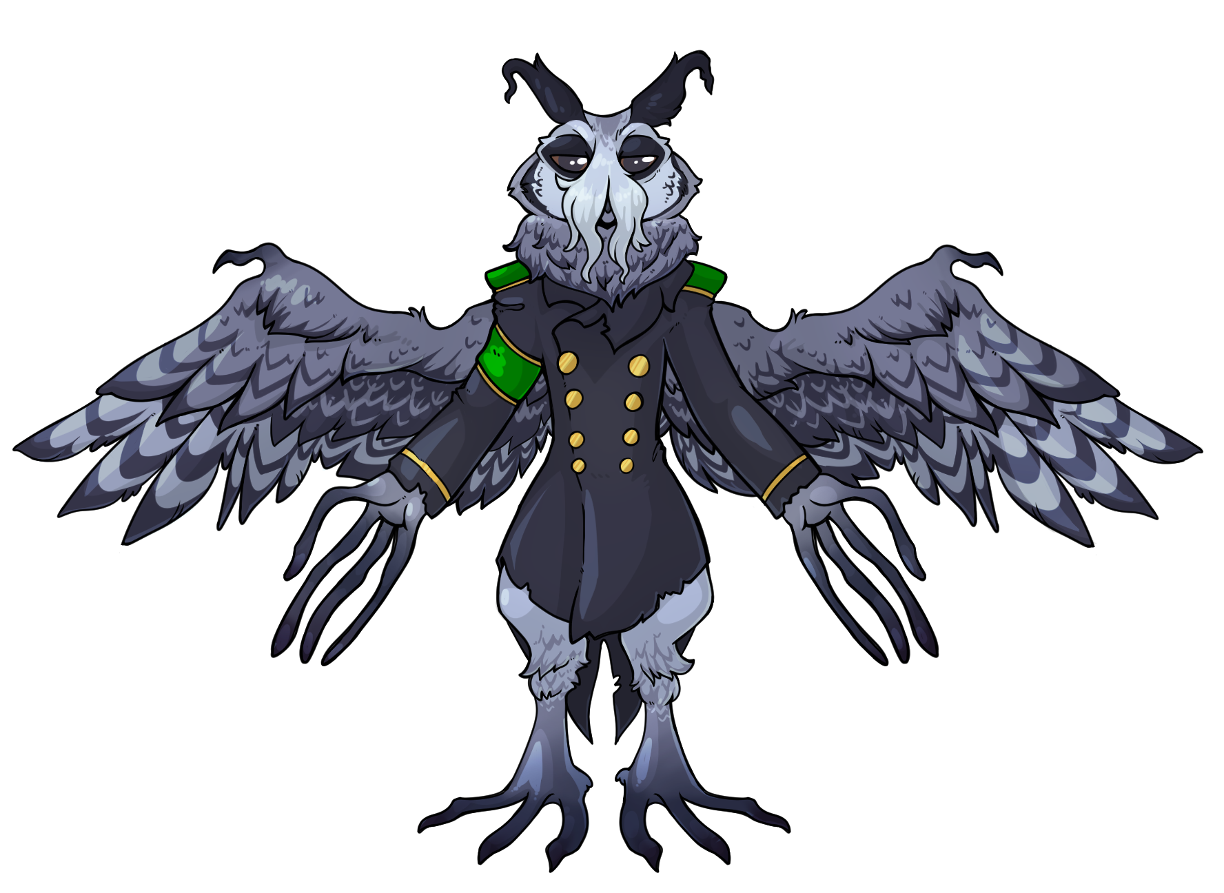Owlin (humanoid owl) wearing a WW1-era trench coat. The owl is dark, with dark grey feathers and a darker grey pattern. His arms and feet ends in long, thin tentacles.