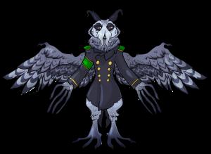 Owlin (humanoid owl) wearing a WW1-era trench coat. The owl is dark, with dark grey feathers and a darker grey pattern. His arms and feet ends in long, thin tentacles.