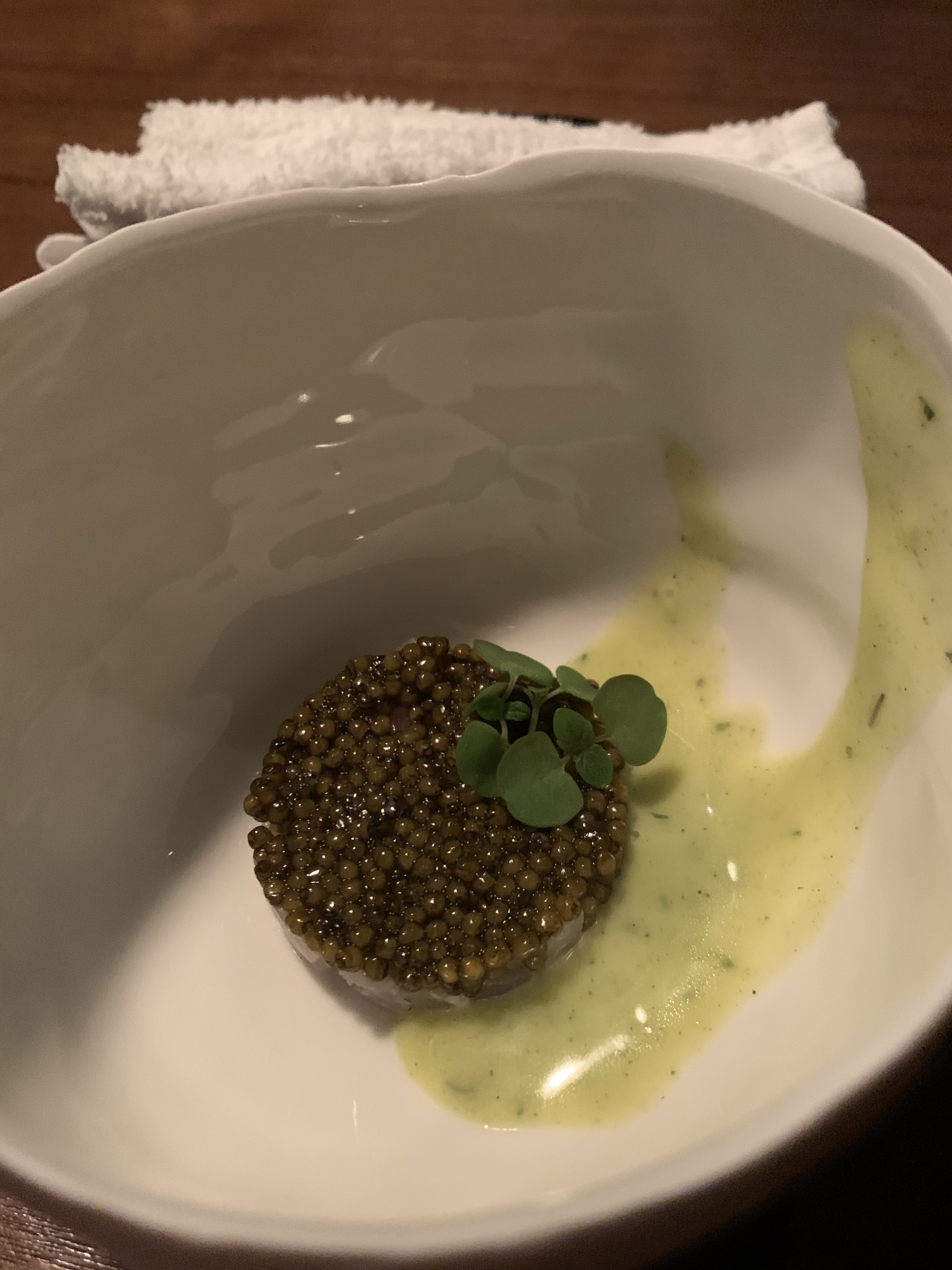 Caviar formed into a perfect disc, with some light green sauce beneath it