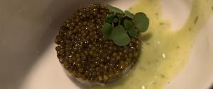 Caviar formed into a perfect disc, with some light green sauce beneath it