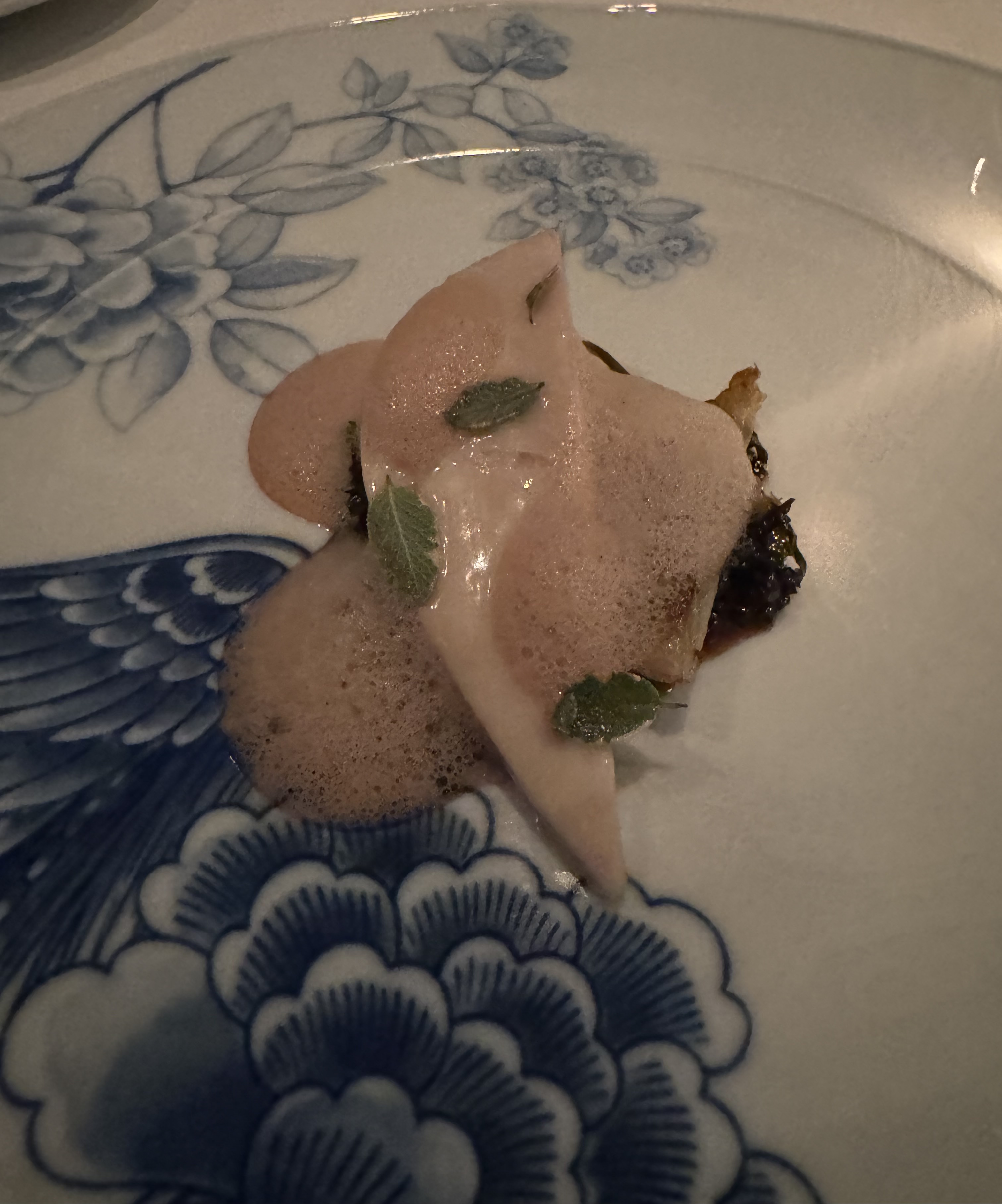 Thin slice of chicken breast. It's been poached and is pale. It has a pale-pink foam on it, and is held up on a bed of dark, dark-red sauce. There are a few small green leaves as garnish. 