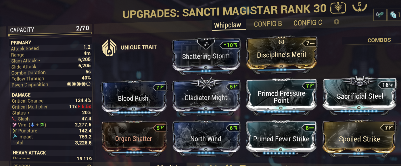 Sancti magistar build with 5 forma. Shattering storm, discipline's merit, blood rush, gladiator might, primed pressure point, sacrificial steel, organ shatter, north wind, primed fever strike, and spoiled strike give this build high a high crit chance and crit multiplier.