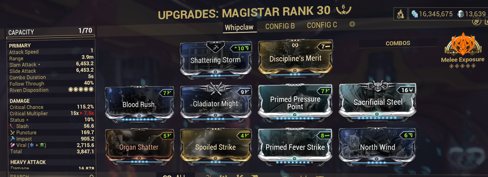 Magistar build with 6 forma. Shattering storm, discipline's merit, blood rush, gladiator might, primed pressure point, sacrificial steel, organ shatter, north wind, primed fever strike, and spoiled strike give this build high a high crit chance and crit multiplier.