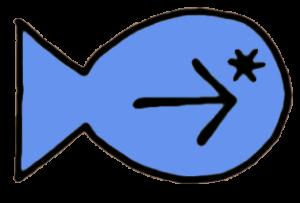 A simple drawing of a fish, with an eye and an arrow on the fish's side pointing forward towards its head.
