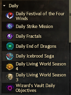 GW2 Daily Achivement category, listing a bunch of categories