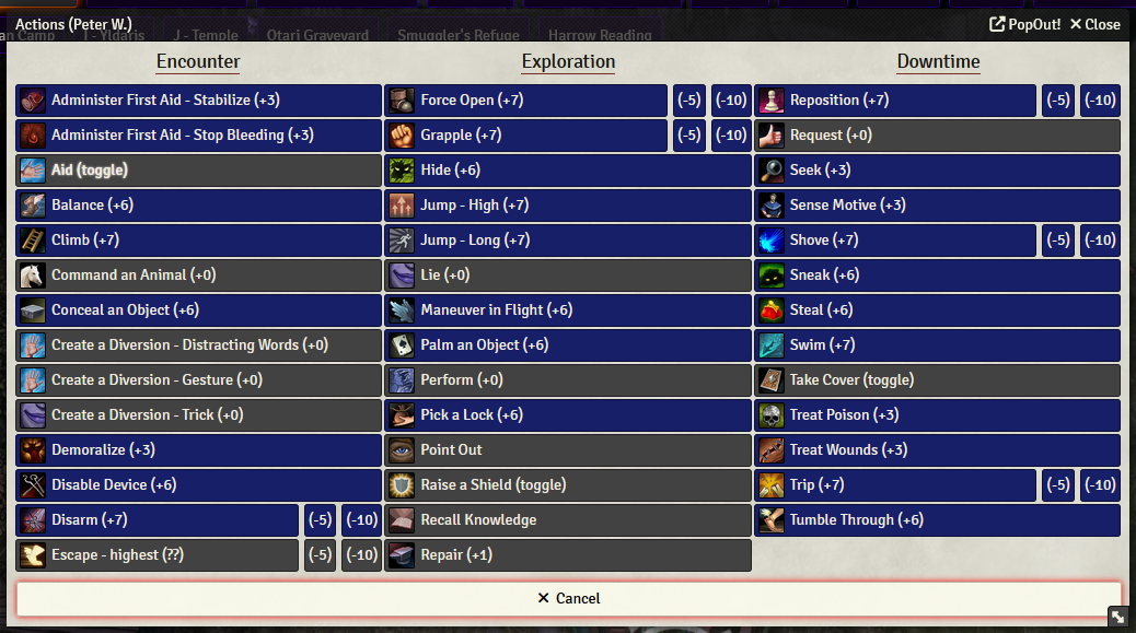 Actions for a character called Peter W., with lots highlighted in blue.
