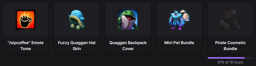 Twitch drop reward list: Sip Coffee emote, a fuzzy quaggan hat, a quaggan backpack cover, a mini-pet bundle, and a pirate cosmetic bundle.