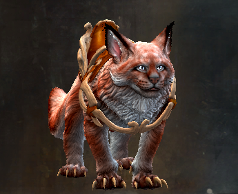 A cat-like creature with lots of neck fluff. It has a saddle wrapped around it, but is otherwise unarmoured. It has big ears instead of horns.