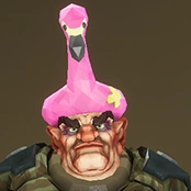 A dwarf wearing a pink flamingo-themes pool float on his head