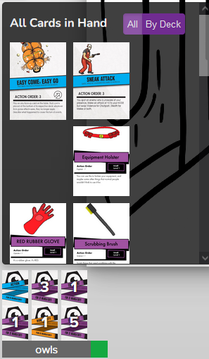 Roll20 screenshot showing tiny, unreadable cards in a player's hand