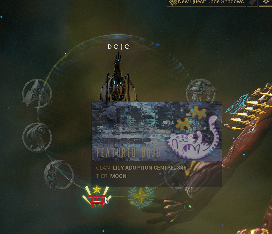 Screenshot of the map in Warframe, focusing on dojos. There are several icons around the Dojo location. The mouse pointer is over one, which has popped up a tooltip that says this is a featured dojo by clan Lily Adoption Center. Their clan logo is a cute cat playing with forma like it's a ball of string.