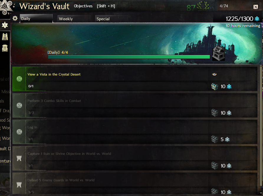 Wizard Vault daily objectives, listing five possible objectives.