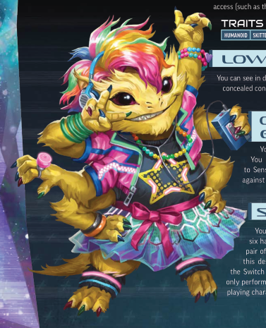 Yellow furry six-armed humanoid with rainbow hair. She has headphones, a tape player, gel bracelets, beads, a big pink ring, and her claws are painted rainbow colours.