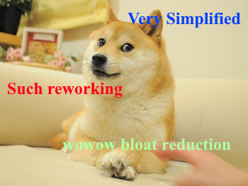 Doge Meme that says "Very Simplified", "Such reworking", and "wowwow bloat reduction"