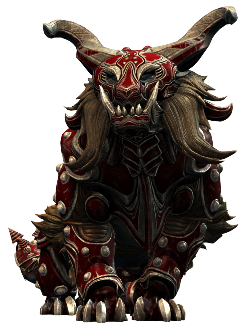 Warclaw in armour painted red. The armour is heavy and encases the cat-like creature almost entirely, with only its mane exposed. The helm is stylized to look like a fierce cat with large, swept-back horns.